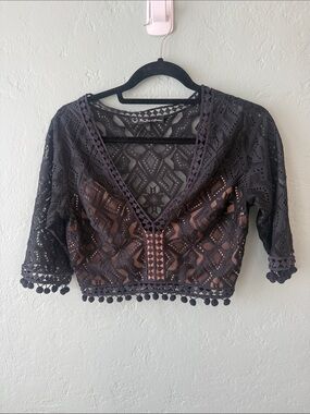 For Love And Lemons Black Lace Crop Top with Pom Hem